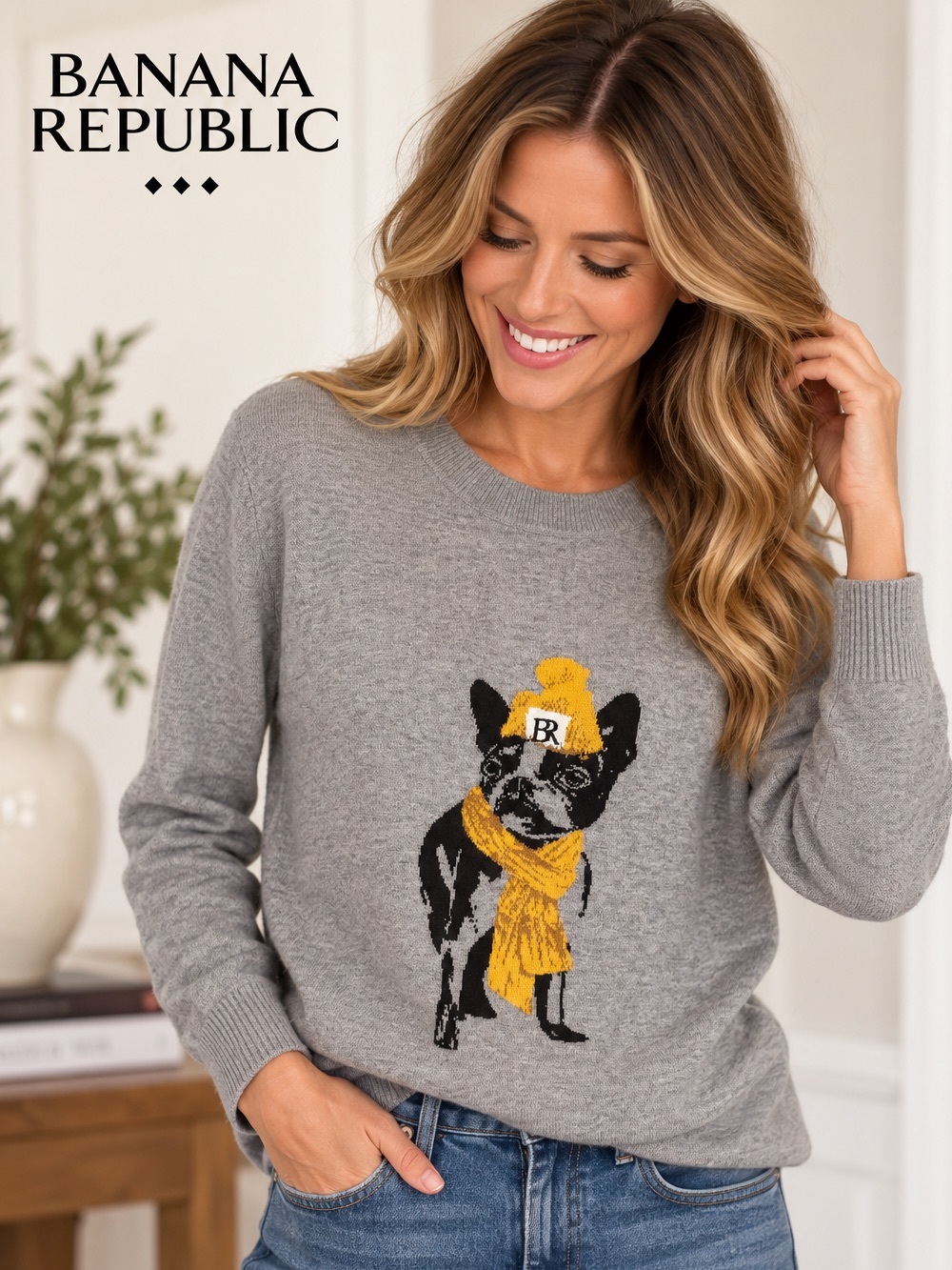 NWT Banana Republic French Bulldog Sweater Gray Mustard Size Large